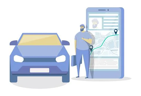 Man using mobile app for carpooling, ordering auto for share or rent. Online car Illustrazione stock