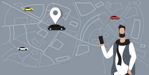 Man using mobile app online ordering taxi car sharing concept guy holding Stock Illustration