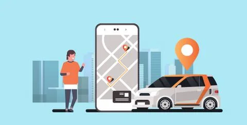 Man using mobile app ordering automobile vehicle with location mark rent car Illustrazione stock