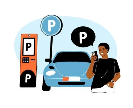 Man using mobile app for parking near car and meter. Stock Illustration