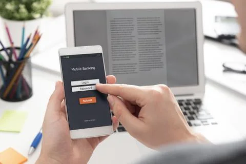 Man using mobile banking on smartphone 스톡 사진