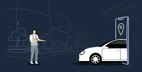 Man using mobile carsharing application online ordering taxi car sharing concept 스톡 일러스트