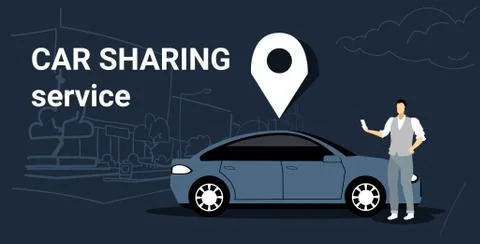 Man using mobile carsharing application online ordering taxi car sharing concept Ilustración de archivo