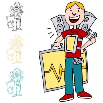 Man using mobile electronic devices Illustrazione stock