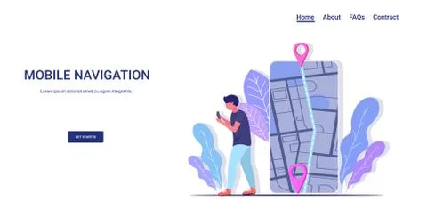 Man using mobile navigation app to get direction to destination address in ci Stock Illustration