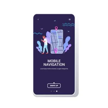 Man using mobile navigation app to get direction to destination address in ci Illustrazione stock