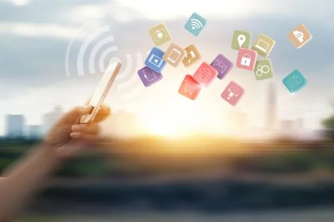 Man using mobile payments with icon customer network for online shopping Fotos Stock