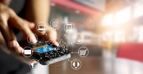 Man using mobile payments online shopping and icon customer network connection Stock Photos