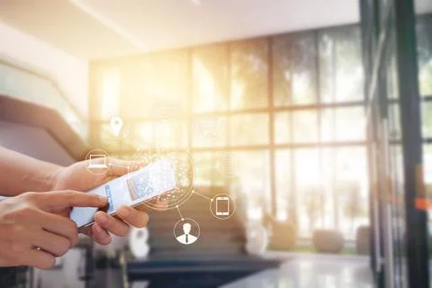 Man using mobile payments online shopping and icon customer network connection 스톡 사진