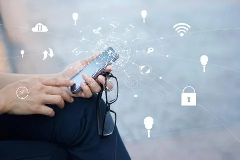 Man using mobile payments online shopping and icon customer network connection Fotos Stock