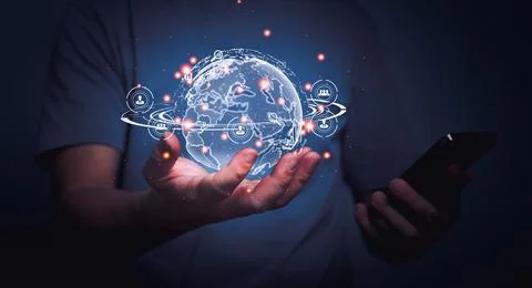 Man using mobile phone and holding globe with Global network communication co Stock Photos