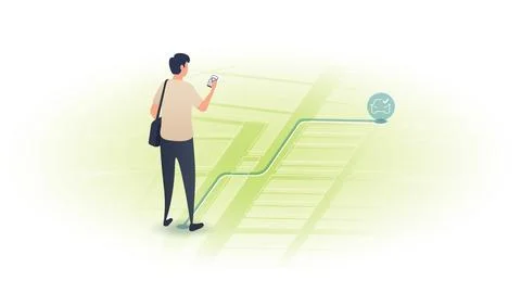 Man using a mobile phone app to order a ride or car rental online. Stock Illustration