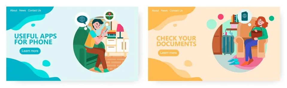 Man using mobile phone apps. Woman check documents before going to trip. Travel Stock Illustration