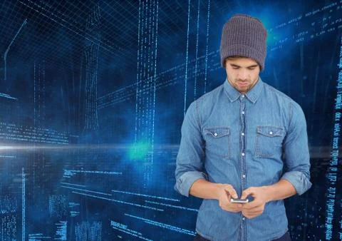 Man using mobile phone with binary codes on blue background Stock Photos