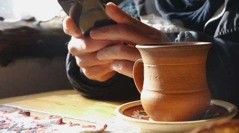 Man Using A Mobile Phone In A Cafe Stock Footage 64881700