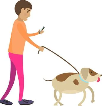 Man using mobile phone chatting social media while waking dog vector icon Stock Illustration