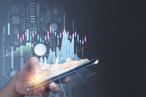 Man using mobile phone checking stock market graph report via mobile apps Stock Photos