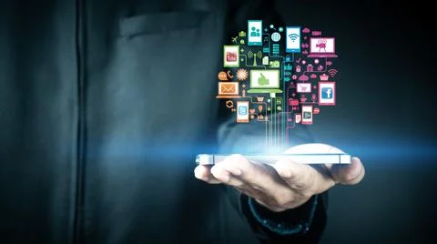Man using mobile phone with copy space. Stock Photos