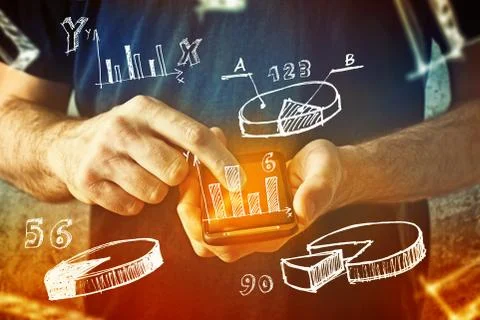 Man using mobile phone with drawings of charts and other infographics in note Stock Illustration