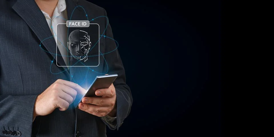 Man using mobile phone with face id scan and modern technology. Login using Face Stockfoto's