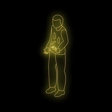 Man using a mobile phone with glowing neon effect on black background Stock Illustration