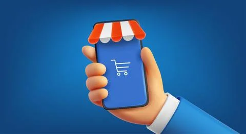 Man using mobile phone for making purchases online. 3d vector concept Illustrazione stock
