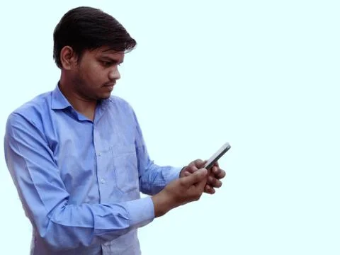 Man using mobile phone serious pose, white background. Stock Photos