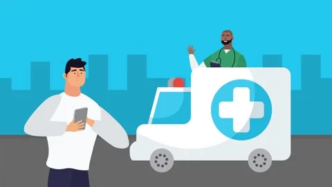 Man using mobile phone while doctor arrives in medical ambulance to provide.. Stock Footage 339216427