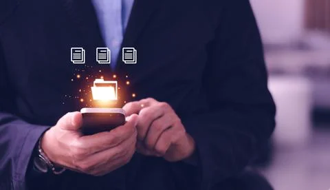 Man using mobile smartphone. Document management system (DMS), online documen Foto stock