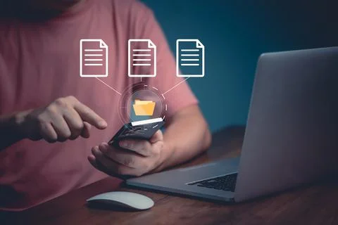 Man using mobile smartphone. Document management system (DMS), online documen Stock Photos