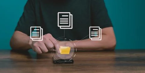 Man using mobile smartphone. Document management system (DMS), online documen Stock Photos