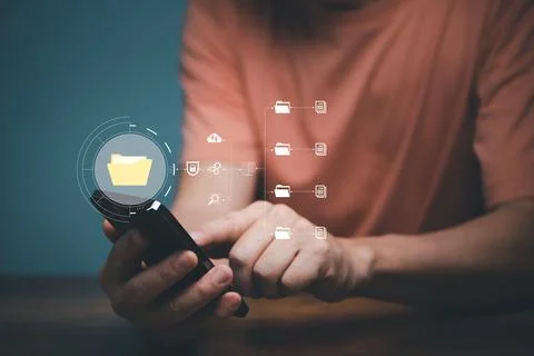 Man using mobile smartphone. Document management system (DMS), online documen Stock Photos