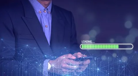 Man using mobile smartphone for download application and waiting to loading.. Fotos Stock