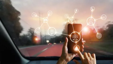 Man using mobile smartphone with icon, device processing network connection Foto stock