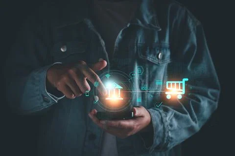 Man using mobile smartphone for online banking, Online shopping, currency exc Stock Photos