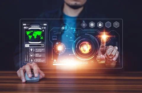 Man using modern computer visual screen technology Foto stock