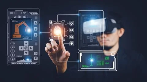 Man using modern computer with VR visual screen technology Stock Photos