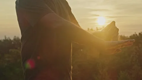 Man Using Mosquito Repellent Spray on Mountain at Dusk Stock Footage 280592281