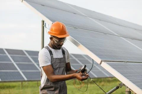 Man using multimeter for checking voltage in solar panels 스톡 사진