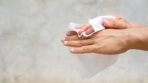Man using a napkin on gray background. Foto stock