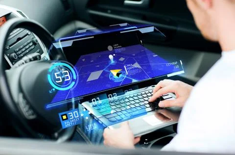Man using navigation on laptop computer in car Illustrazione stock