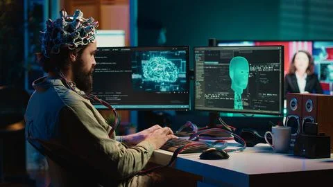 Man using neuroscientific device to transfer consciousness, typing code 写真素材