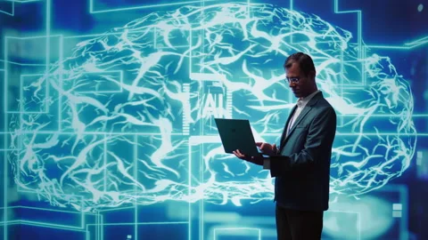 Man using notebook to write lines of code for AI applications Stock Footage 278626353