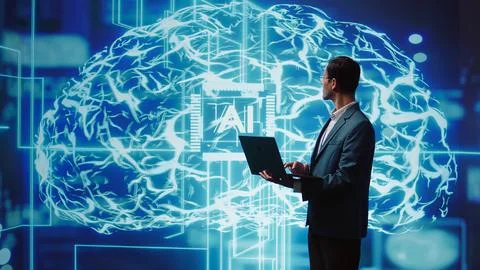 Man using notebook to write lines of code for AI applications Stock Photos