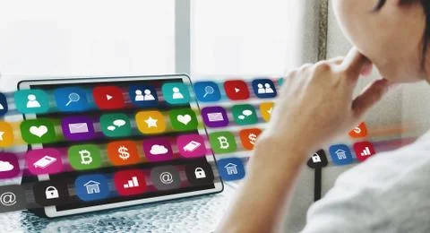 A man using online media application on digital tablet Foto stock