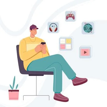 Man using online media services, guy sitting in chair with mobile device and app 스톡 일러스트