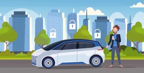 Man using online ordering taxi car sharing security protection concept mobile Illustrazione stock