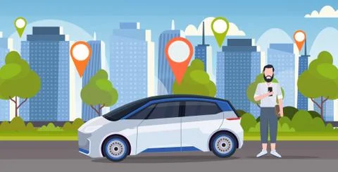 Man using online ordering taxi car sharing concept mobile transportation イラスト素材