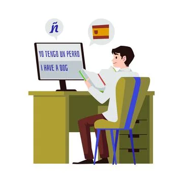 Man using online translator for Spanish learning, flat vector illustration Stock Illustration