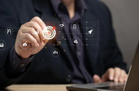 Man using pen to point at virtual screen at marketing target on map. Global.. Stock Photos